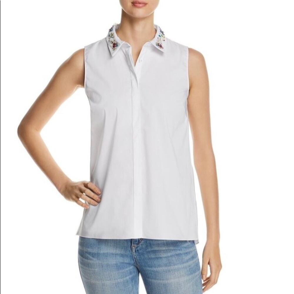 NWT T TAHARI Women's White Wynne Blouse Silk Beaded Embellished Collar Blouse